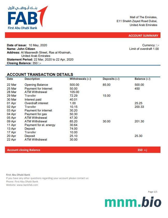 ZEA First Abu Dhabi Bank szablon w formacie excel pdf